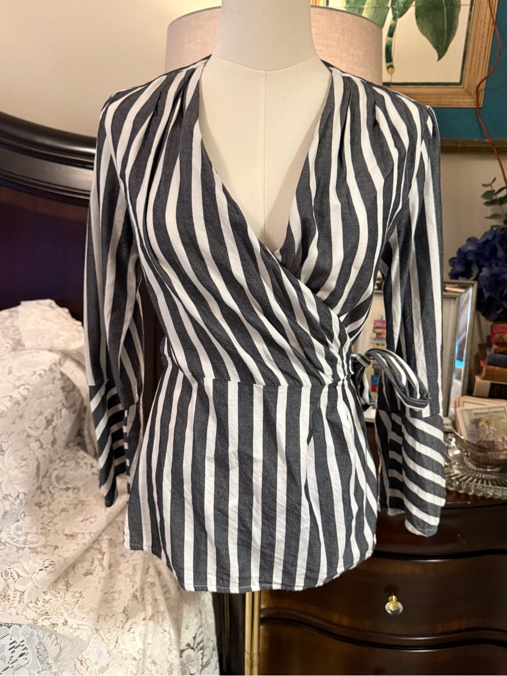 Banana Republic Black and White Striped Wrap Blouse